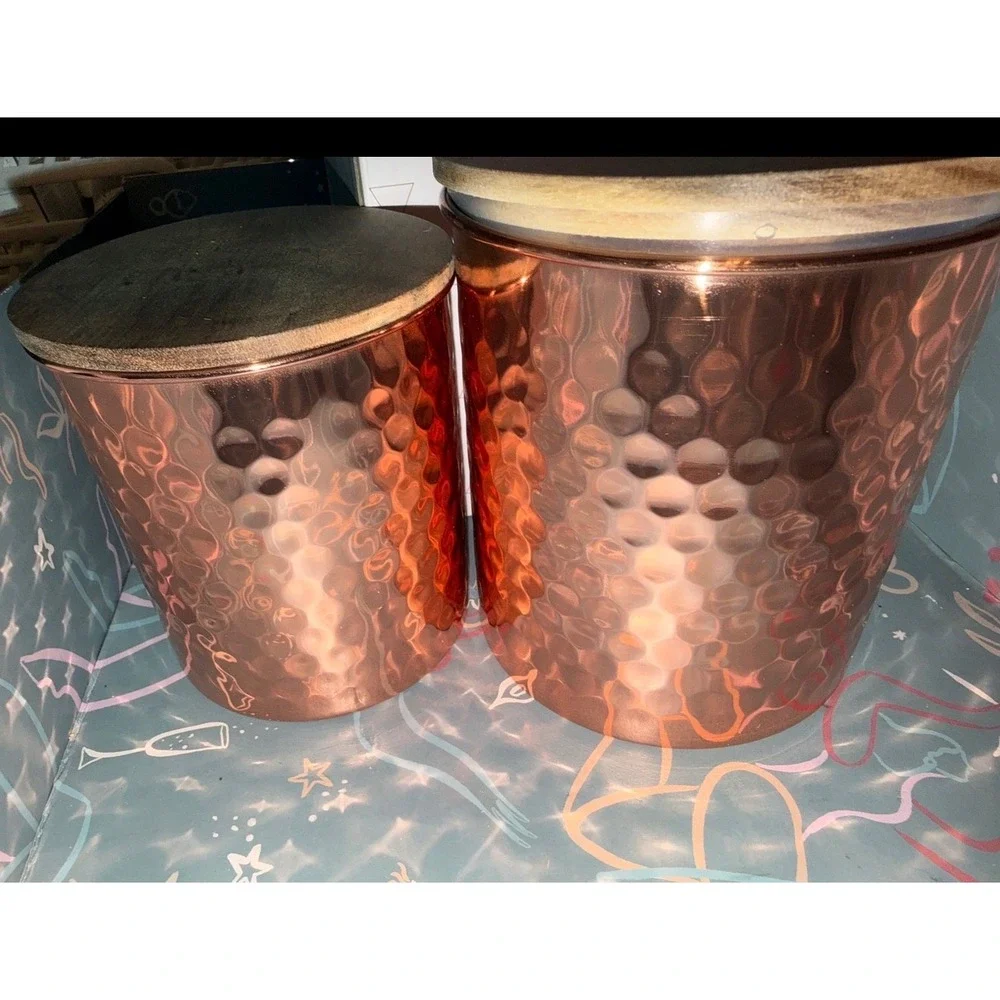Uncommon James Hammered Copper Canisters Set Wood Lids Kitchen‎ Storage Decor